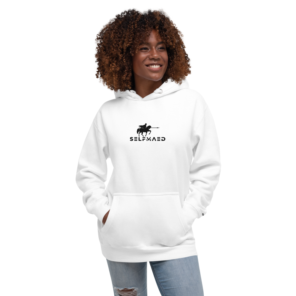 White Hoodie Worn by Female Model - Front Pose - Selfmaed